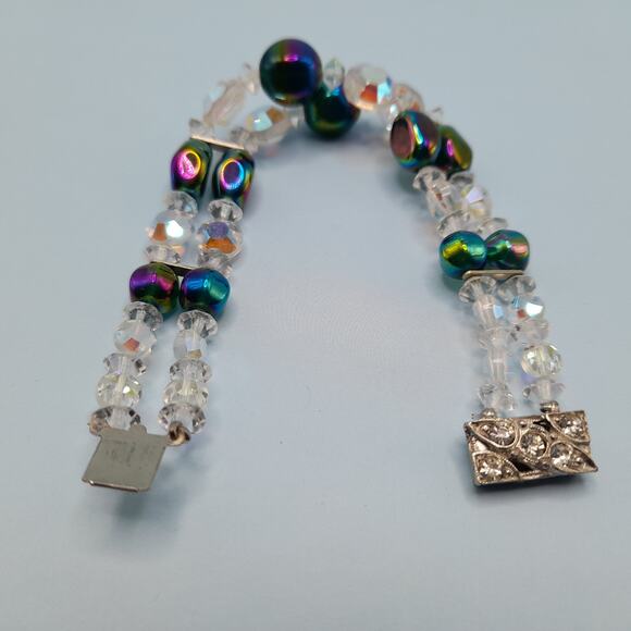 Vintage 1960s AB Crystal Beaded Bracelet, Double Strand, Iridescent Austrian, 7" - Picture 10 of 13